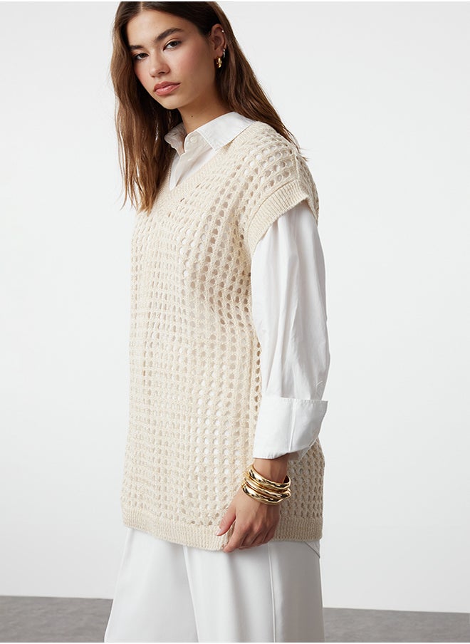 trendyol Beige Openwork/Hole Knitwear Sweater TCTAW25UV00003  - Image 1
