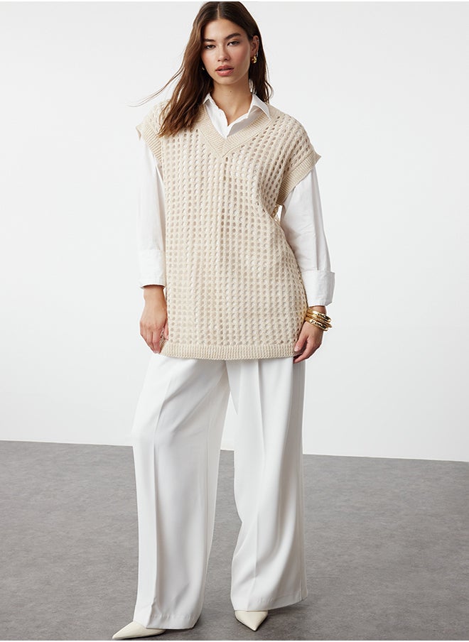 trendyol Beige Openwork/Hole Knitwear Sweater TCTAW25UV00003  - Image 2