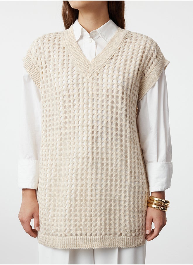 trendyol Beige Openwork/Hole Knitwear Sweater TCTAW25UV00003  - Image 4