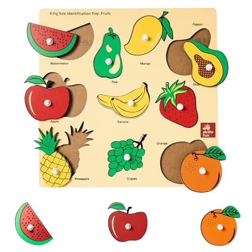 Skillofun Wooden King Size Fruit Identification Tray | Wooden Toys for Kids | Puzzles for Kids for Age 2 | Wooden Puzzles | Occupational Therapy Equipment | Puzzle Game | Peg Board - Image 1