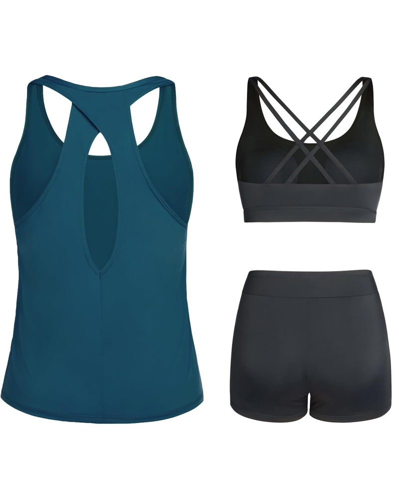 Tempt Me Blue Green 3 Piece Tankini Swimsuits for Women Athletic Bathing Suits Swim Tank Top with Boy Shorts and Bra Modest Swimwear M - Image 2