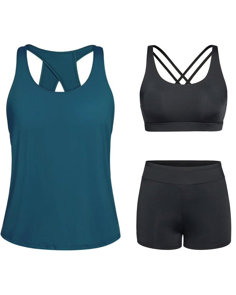 Tempt Me Blue Green 3 Piece Tankini Swimsuits for Women Athletic Bathing Suits Swim Tank Top with Boy Shorts and Bra Modest Swimwear M - Image 1