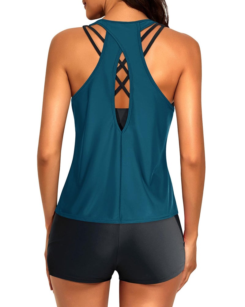 Tempt Me Blue Green 3 Piece Tankini Swimsuits for Women Athletic Bathing Suits Swim Tank Top with Boy Shorts and Bra Modest Swimwear M - Image 4