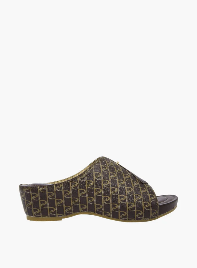 بابريكا Women's Monogram Print Slip-On Peep Toe Sandals with Wedge Heels