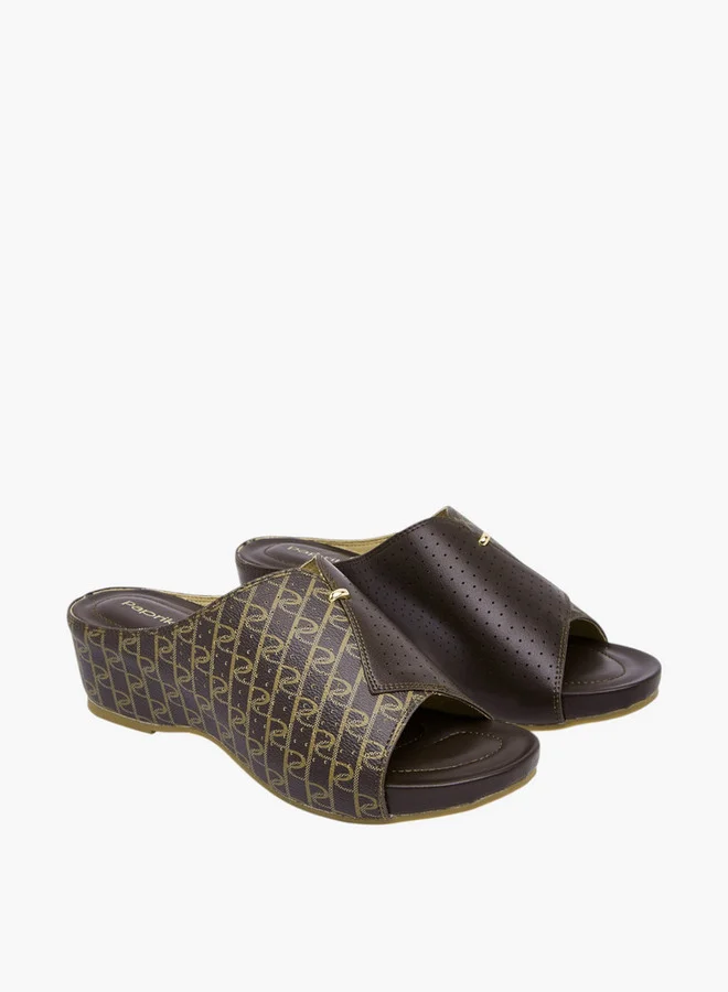 بابريكا Women's Monogram Print Slip-On Peep Toe Sandals with Wedge Heels