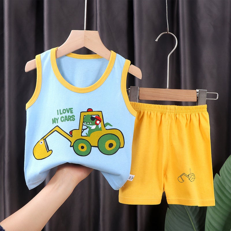 Kids Summer Cotton Vest Set E03-Small Yellow Car 