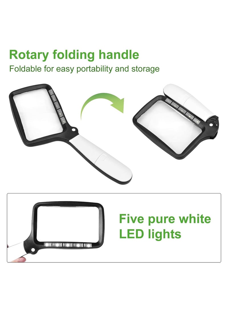 KASTWAVE - Rectangular Handheld Magnifying Glass with Light, Foldable 2X Magnifying Glass with 5 LED Lights, 2 Dimming Modes Ideal for Seniors Reading Prints, Book, Low Vision, Read at Night - Image 1