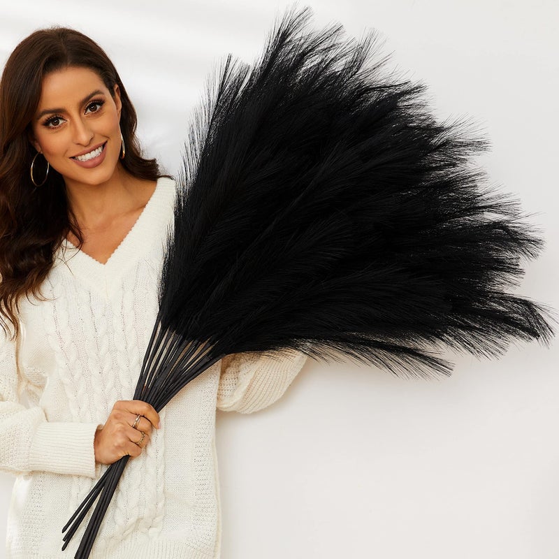 QUBITFUL Black Pampas Grass, 9 PCS 37''/3.1FT Tall Fluffy Fake Pompas Floral, Large Artificial Pompous Grass Branches for Floor Vase Fillers, Boho Farmhouse Room Wedding Decor (Black) - Image 1