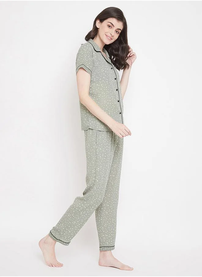 Clovia Spot Print Button Down Shirt & Pyjama Set by Styli