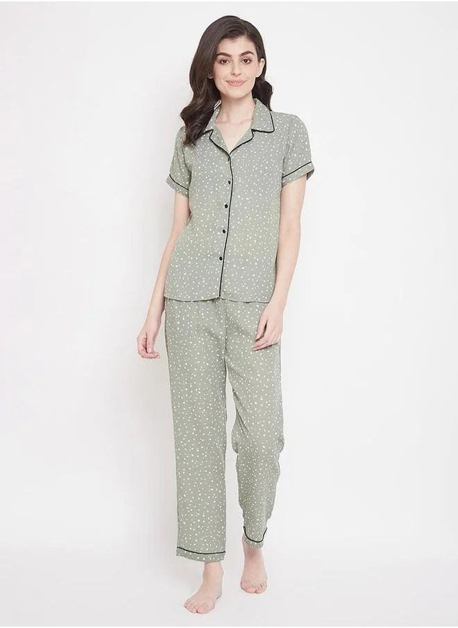 Clovia Spot Print Button Down Shirt & Pyjama Set by Styli
