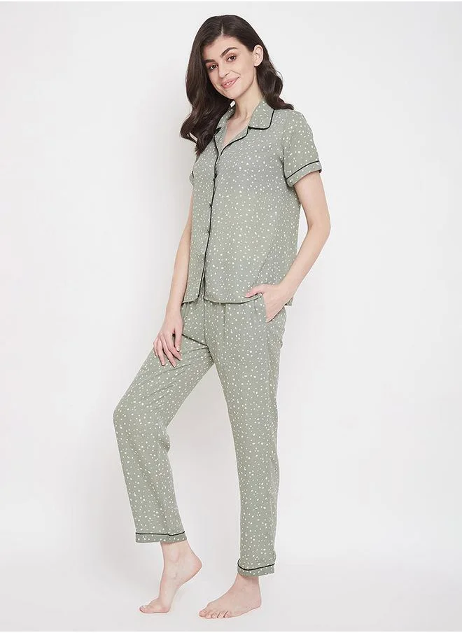 Clovia Spot Print Button Down Shirt & Pyjama Set by Styli