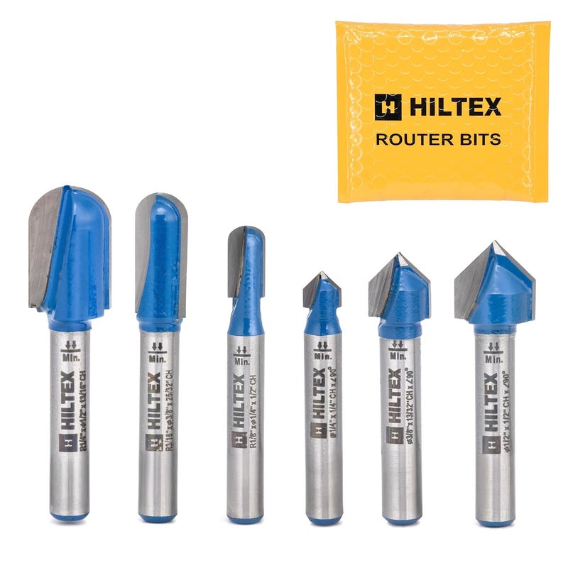 Hiltex 10106H 90 Degree V-Groove and Round Nose Router Bit Set, 6 Pieces, 1/4 Inch Shank, Double Flute V-Grooving Roundnose 3D CNC Woodworking Tool, 1/4" 3/8" (13/32”) 1/2" Cutting Diameters - Image 1