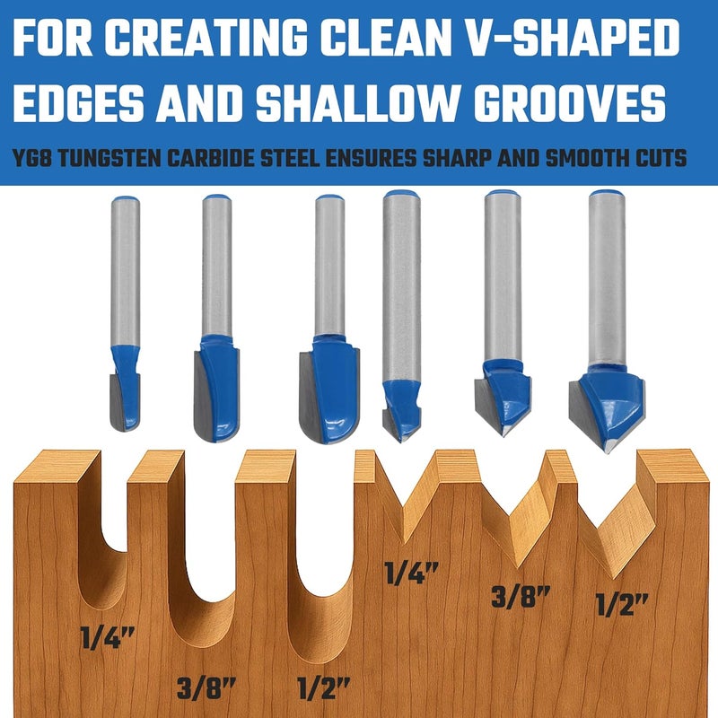 Hiltex 10106H 90 Degree V-Groove and Round Nose Router Bit Set, 6 Pieces, 1/4 Inch Shank, Double Flute V-Grooving Roundnose 3D CNC Woodworking Tool, 1/4" 3/8" (13/32”) 1/2" Cutting Diameters - Image 3