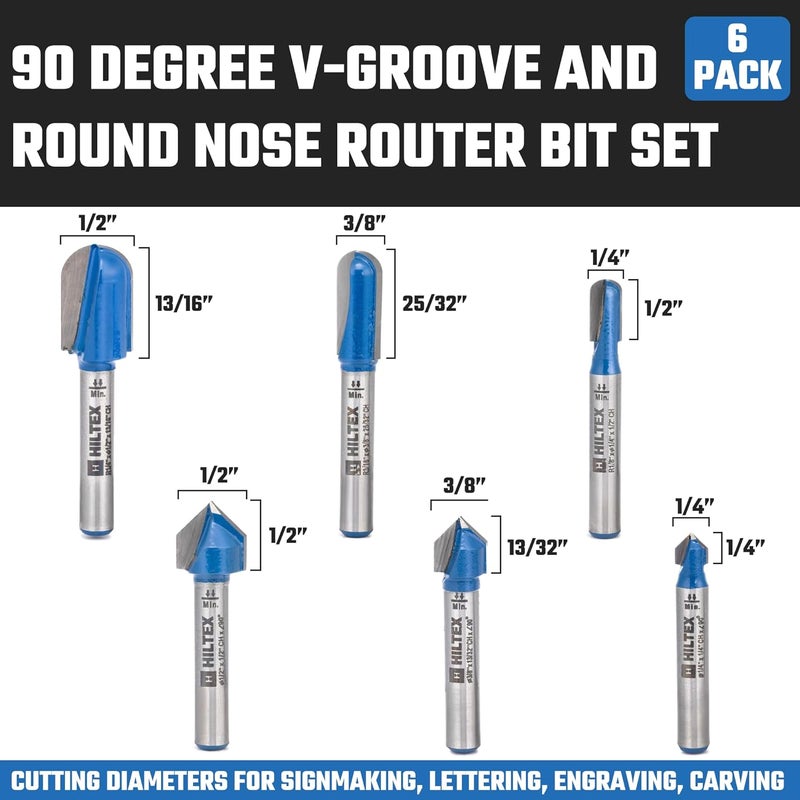 Hiltex 10106H 90 Degree V-Groove and Round Nose Router Bit Set, 6 Pieces, 1/4 Inch Shank, Double Flute V-Grooving Roundnose 3D CNC Woodworking Tool, 1/4" 3/8" (13/32”) 1/2" Cutting Diameters - Image 2