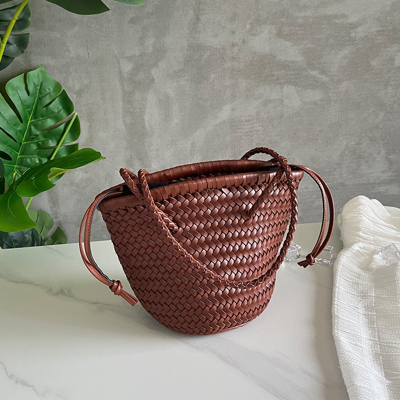 Z Family Woven Bag Summer Satchel Vegetable Basket French Retro Pu Leather Hand-Woven Bag Bucket Bag - Image 4
