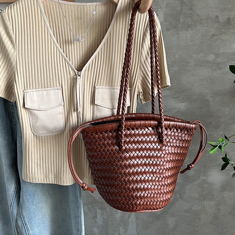Z Family Woven Bag Summer Satchel Vegetable Basket French Retro Pu Leather Hand-Woven Bag Bucket Bag - Image 3