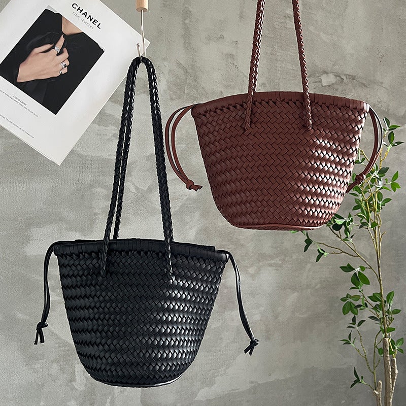 Z Family Woven Bag Summer Satchel Vegetable Basket French Retro Pu Leather Hand-Woven Bag Bucket Bag - Image 5