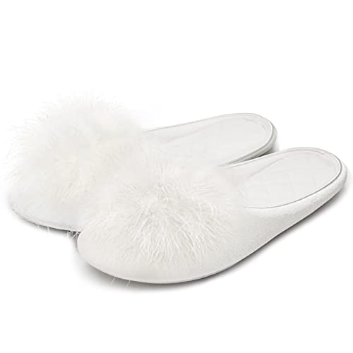 GRITHEIM Women's Fuzzy Pom Pom Feather Velvet House Slippers Sexy Cozy Bedroom Slippers for Ladies Non-slip Sole Indoor Outdoor White 9-10 - Image 1