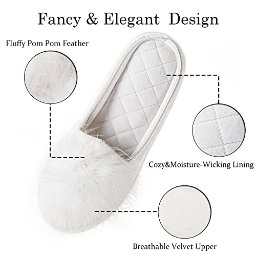 GRITHEIM Women's Fuzzy Pom Pom Feather Velvet House Slippers Sexy Cozy Bedroom Slippers for Ladies Non-slip Sole Indoor Outdoor White 9-10 - Image 3