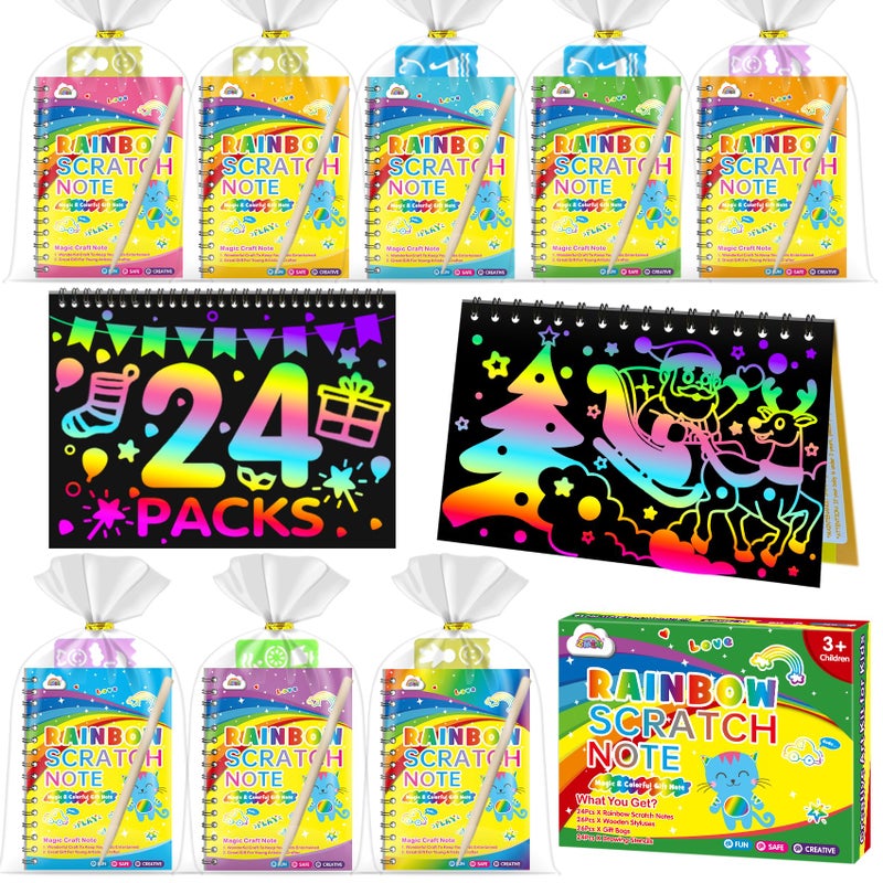 ZMLM Valentines Day Gifts Kids Classroom: 24 Pack Scratch Rainbow Art Notebook Paper Ages 4-8-12 Birthday Party Favors Student Prizes From Teacher Bulk Toys Goodie Bags Stuffers School - Image 1