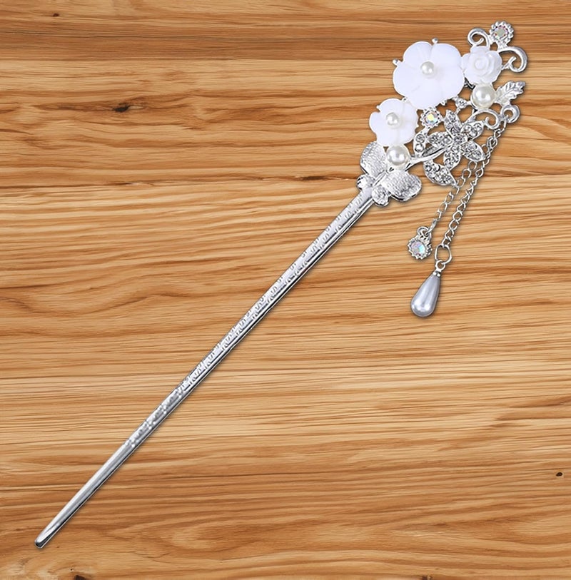 SYGA 1 Piece Ancient Style Pearl Metal Hair Stick Crystal Rhinestones Hair Accessories Headdress Hair Sticks17 CM Fashion For Women Girls  White Flower - Image 5