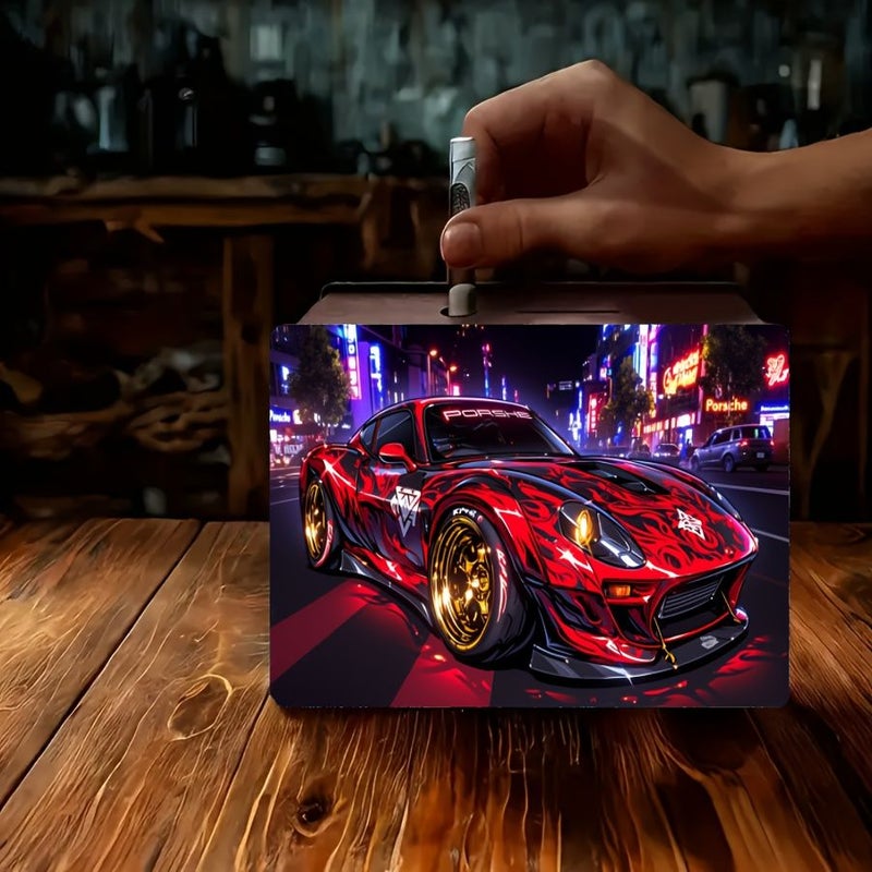 Wooden Porsche Neon Penny Bank Reusable Money Box 1pc Home Office Decor Gift - Image 3