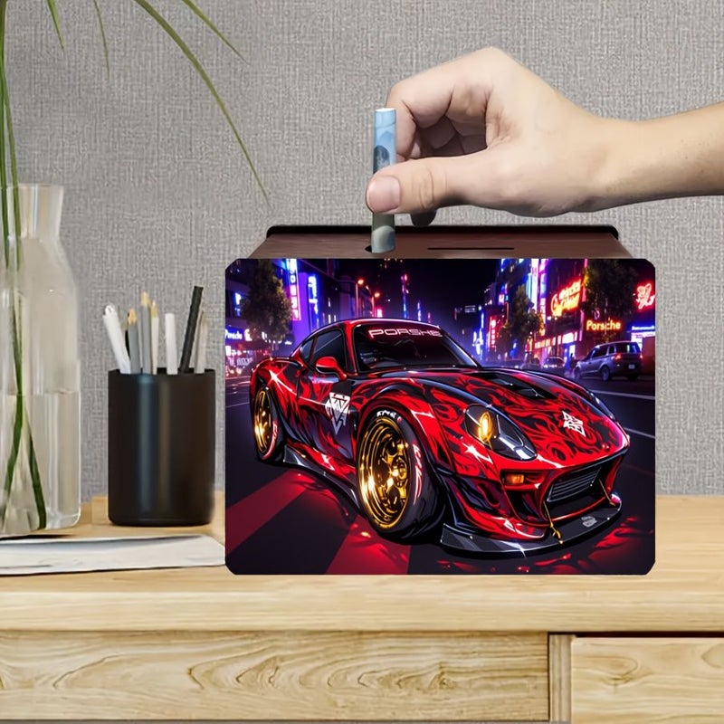 Wooden Porsche Neon Penny Bank Reusable Money Box 1pc Home Office Decor Gift - Image 4