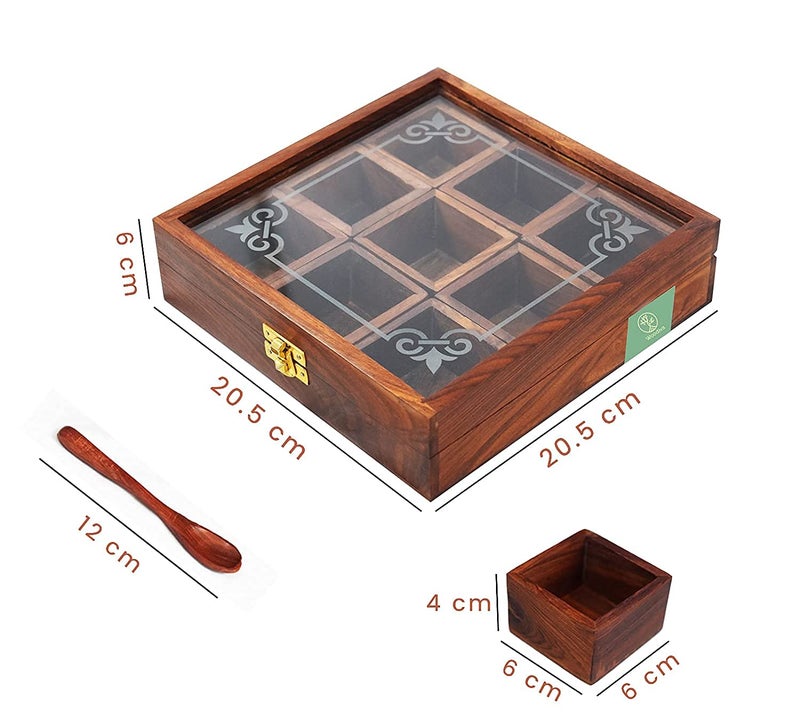 Woodiva Wooden Spices storage box for Kitchen containers with spoon (9 Container) - Image 4