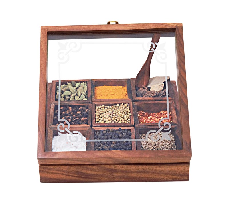 Woodiva Wooden Spices storage box for Kitchen containers with spoon (9 Container) - Image 1