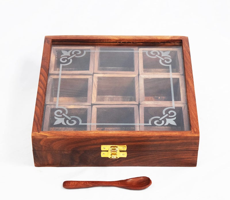 Woodiva Wooden Spices storage box for Kitchen containers with spoon (9 Container) - Image 5