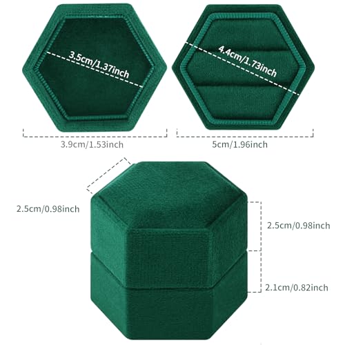 DesignSter Hexagon Velvet Ring Box - Premium Gorgeous Vintage Double Ring Display Holder with Detachable Lid Ring Bearer Box or Proposal, Engagement, Wedding, Ceremony （Emerald） - Image 4