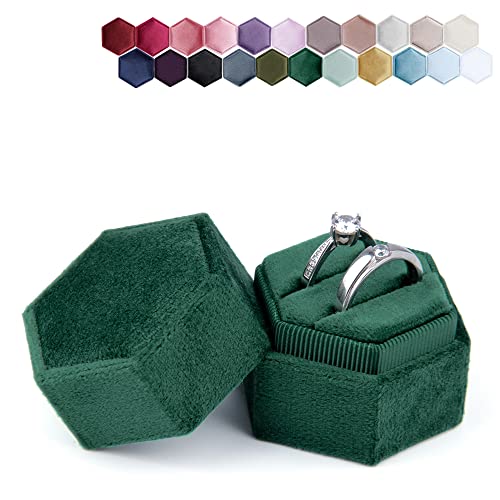 DesignSter Hexagon Velvet Ring Box - Premium Gorgeous Vintage Double Ring Display Holder with Detachable Lid Ring Bearer Box or Proposal, Engagement, Wedding, Ceremony （Emerald） - Image 1
