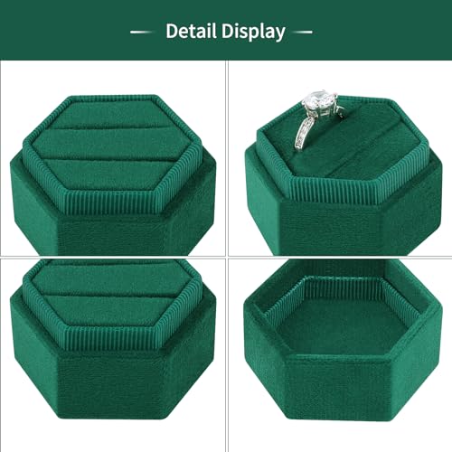 DesignSter Hexagon Velvet Ring Box - Premium Gorgeous Vintage Double Ring Display Holder with Detachable Lid Ring Bearer Box or Proposal, Engagement, Wedding, Ceremony （Emerald） - Image 3
