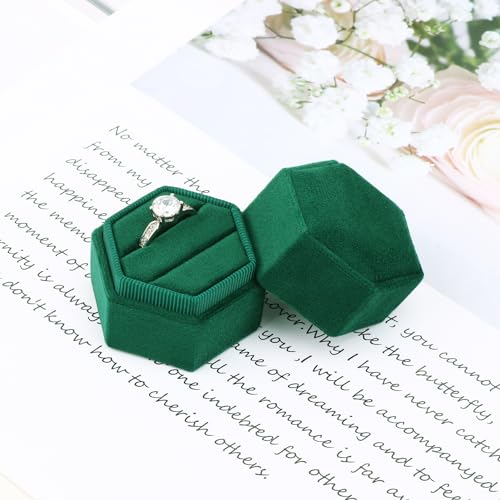 DesignSter Hexagon Velvet Ring Box - Premium Gorgeous Vintage Double Ring Display Holder with Detachable Lid Ring Bearer Box or Proposal, Engagement, Wedding, Ceremony （Emerald） - Image 5