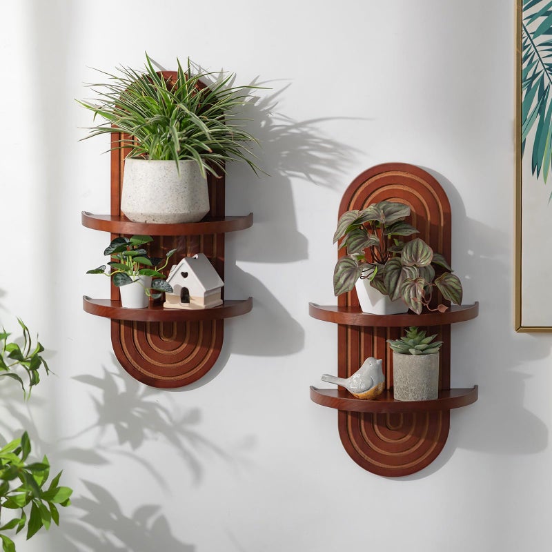Walasis Mid Century Wall Shelves: Large 2-Tier Walnut Boho Floating Shelves Arched Modern Wall Decor for Bathroom Bedroom Living Room Entryway - Image 2