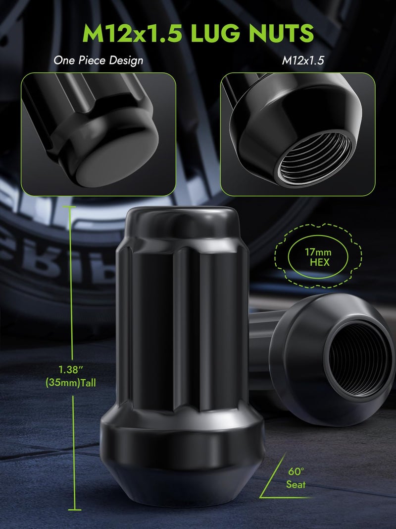 AUTOPTIM M12x1.5 Spline Lug Nuts - Replacement for Honda Accord CRV Civic Pilot Chevy Impala Malibu Acura Aftermarket Wheel, Black 20pc 6 Point Closed End Short Nuts with 1 Socket Key - Image 2