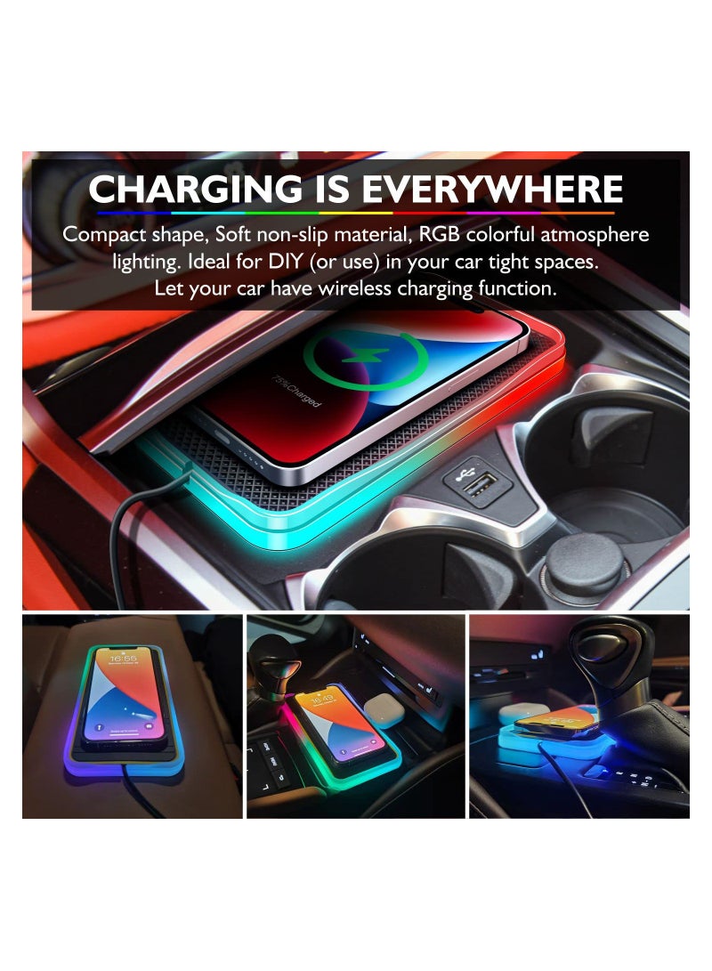 شاحن لاسلكي للسيارة، 15 واط RGB لوحة شاحن سيارة لاسلكي غير قابلة للانزلاق شاحن هاتف لاسلكي سريع لهواتف iPhone 14 13 12 Pro Max ولـ Samsung S23 S22 Ultra - Image 2