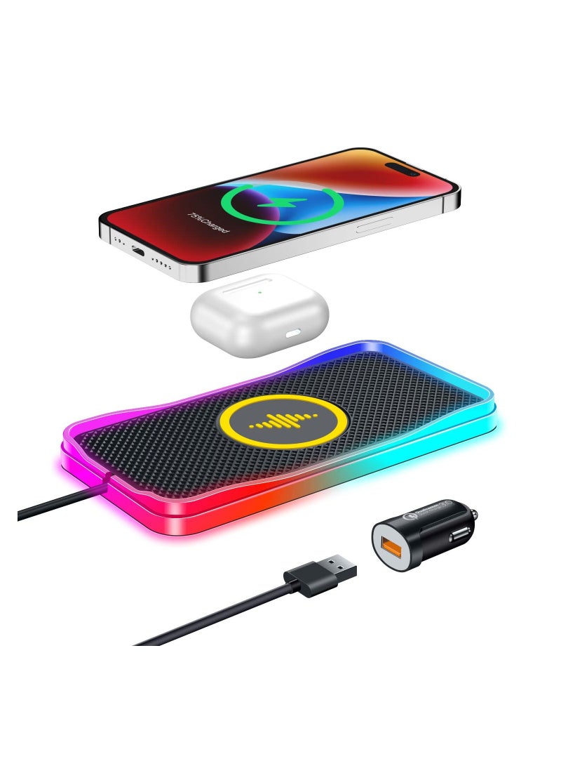 شاحن لاسلكي للسيارة، 15 واط RGB لوحة شاحن سيارة لاسلكي غير قابلة للانزلاق شاحن هاتف لاسلكي سريع لهواتف iPhone 14 13 12 Pro Max ولـ Samsung S23 S22 Ultra - Image 1