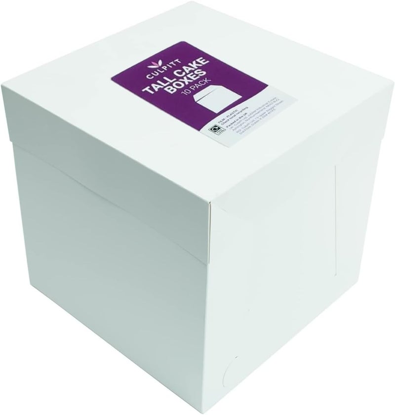 Culpitt 10" White Tall Cake Box, Pack Of 10, 254 X 254 X 254mm (10 X 10 X 10''), Ideal for Transporting Celebration Cakes, Wedding Cakes, Tall Cakes, Decorated Birthday Cakes - Image 1
