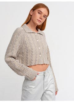 Dilvin 60203 Polo Collar Buttoned Glittery Crop Knitwear Cardigan-Beige-Silver  - Image 1