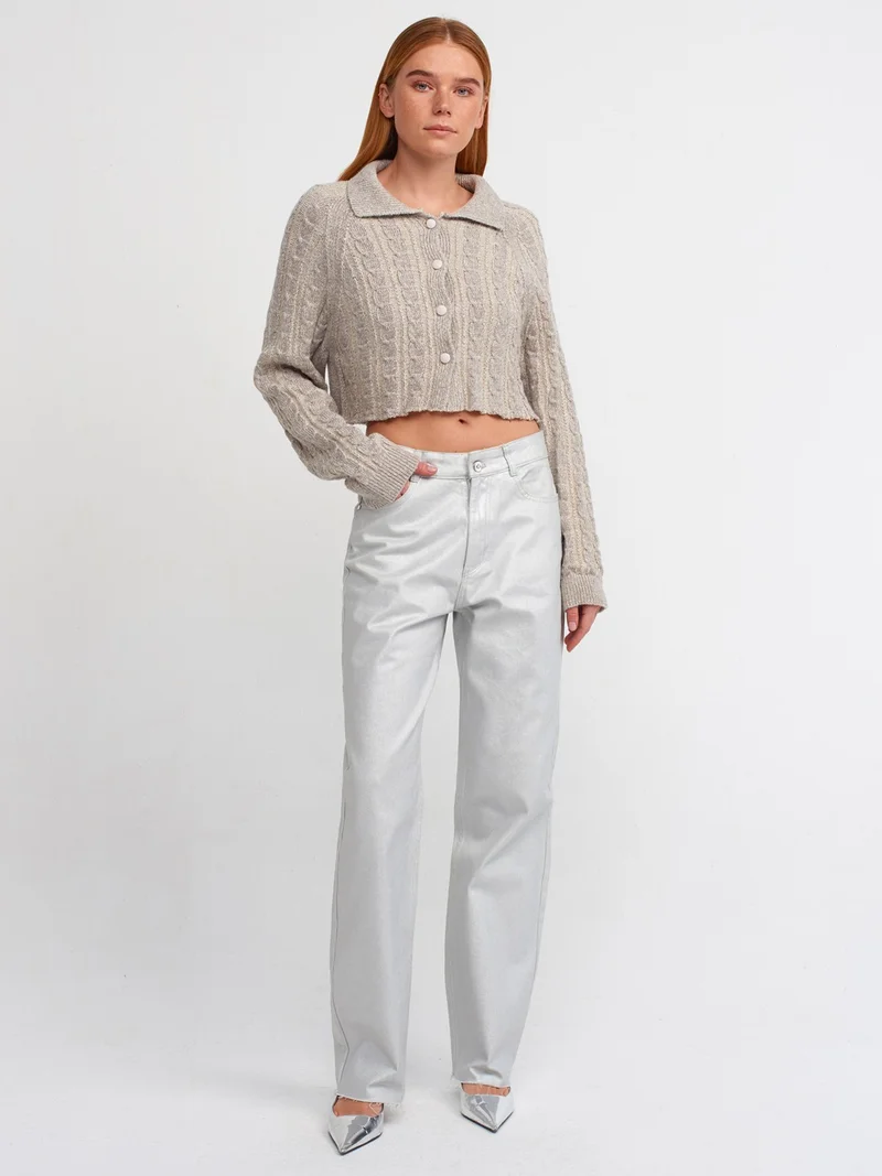 ديلفين 60203 Polo Collar Buttoned Glittery Crop Knitwear Cardigan-Beige-Silver