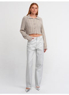 Dilvin 60203 Polo Collar Buttoned Glittery Crop Knitwear Cardigan-Beige-Silver  - Image 3