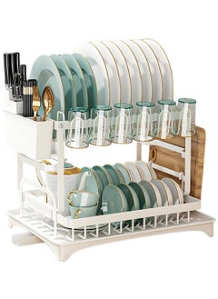 MileMelo 2 Tier Foldable Dish Drying Rack with Utensil Holder & Cutting Board Holder & Drainboard Tray, Rotatable Drainage System Scratch Resistant Frosted Baking Process Coatings, Large White  - Image 1