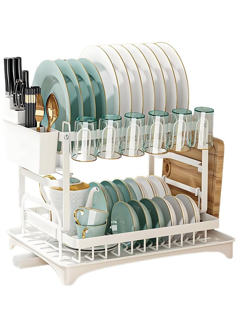MileMelo - 2 Tier Foldable Dish Drying Rack with Utensil Holder & Cutting Board Holder & Drainboard Tray, Rotatable Drainage System Scratch Resistant Frosted Baking Process Coatings, Large White - Image 1