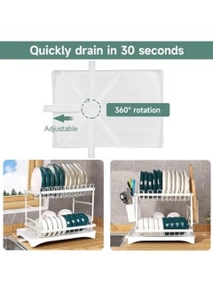 MileMelo 2 Tier Foldable Dish Drying Rack with Utensil Holder & Cutting Board Holder & Drainboard Tray, Rotatable Drainage System Scratch Resistant Frosted Baking Process Coatings, Large White  - Image 5