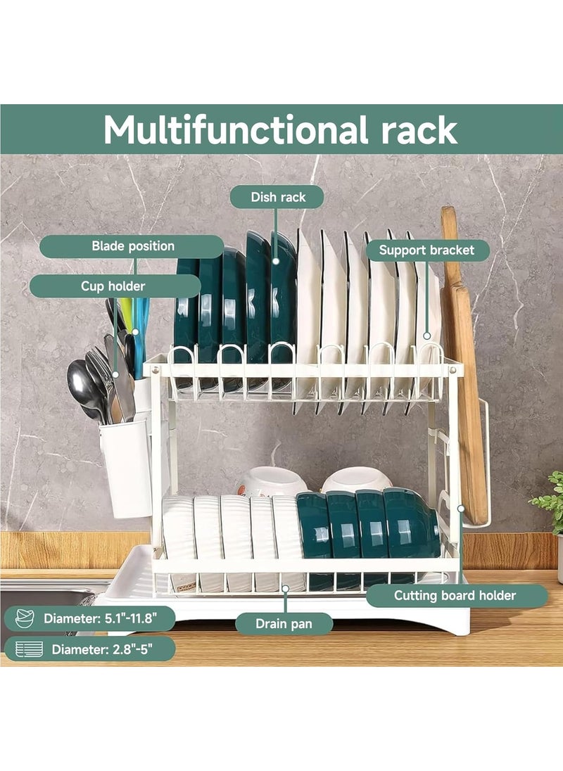 MileMelo - 2 Tier Foldable Dish Drying Rack with Utensil Holder & Cutting Board Holder & Drainboard Tray, Rotatable Drainage System Scratch Resistant Frosted Baking Process Coatings, Large White - Image 1