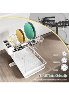 MileMelo 2 Tier Foldable Dish Drying Rack with Utensil Holder & Cutting Board Holder & Drainboard Tray, Rotatable Drainage System Scratch Resistant Frosted Baking Process Coatings, Large White  - Image 4