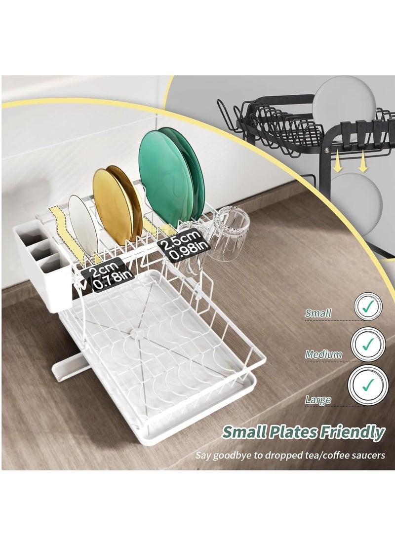 MileMelo - 2 Tier Foldable Dish Drying Rack with Utensil Holder & Cutting Board Holder & Drainboard Tray, Rotatable Drainage System Scratch Resistant Frosted Baking Process Coatings, Large White - Image 1
