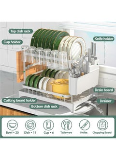 MileMelo 2 Tier Foldable Dish Drying Rack with Utensil Holder & Cutting Board Holder & Drainboard Tray, Rotatable Drainage System Scratch Resistant Frosted Baking Process Coatings, Large White  - Image 3