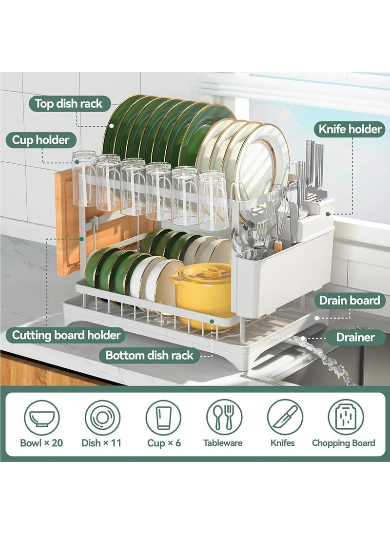 MileMelo - 2 Tier Foldable Dish Drying Rack with Utensil Holder & Cutting Board Holder & Drainboard Tray, Rotatable Drainage System Scratch Resistant Frosted Baking Process Coatings, Large White - Image 1